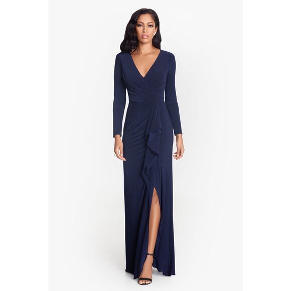 BETSY & ADAM Elle Long Sleeve Side Ruffled Split Gown Size 8 Navy Evening Formal - Picture 1 of 12